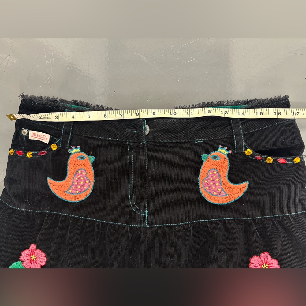 Miss Me Black Embroidered Corduroy Skirt with Floral & Bird Motifs - Picture 3 of 10